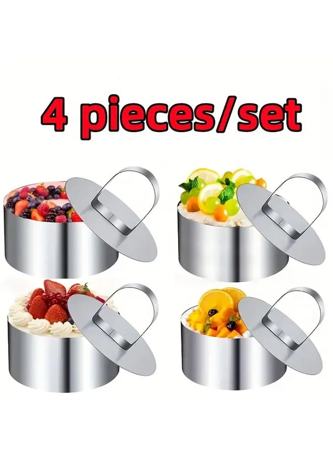 Round Circular Cake Ring Molds 4 Pieces Stainless Steel Baking Tool With Pusher Lifter - Image 2