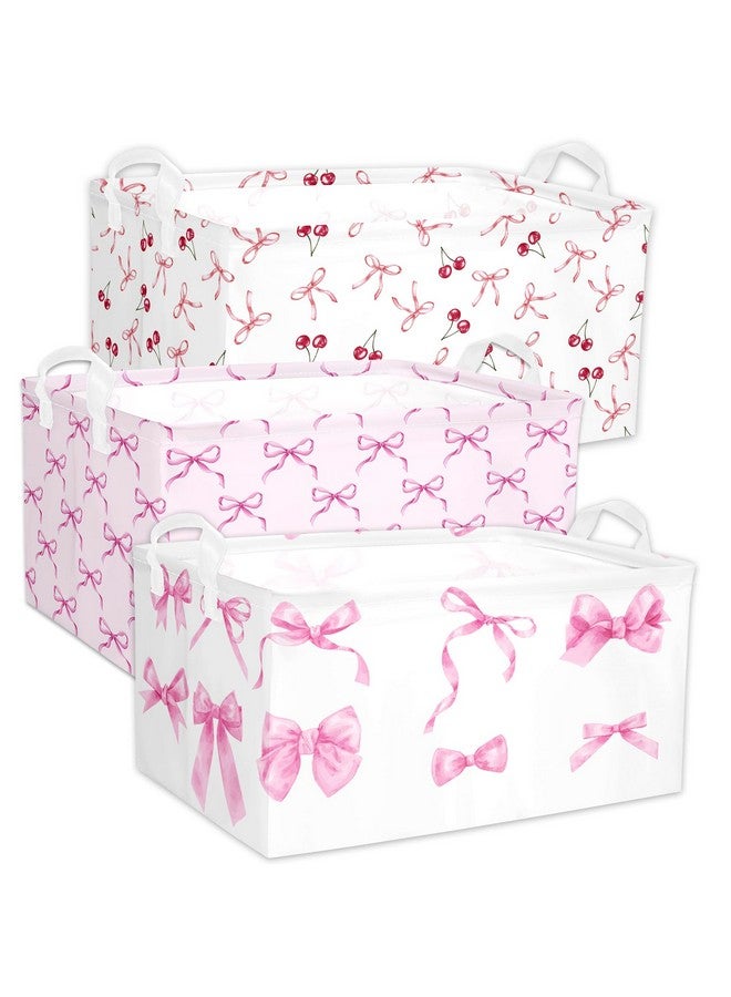 BBSET 3 Pcs Pink Bow Storage Basket, Coquette Girls Rectangle Storage Bins Box with Handles, Bows and Chery Shelf Basket Ideal for Room Nursery Decor, Books, Organizing Clothes, Toys - Image 1