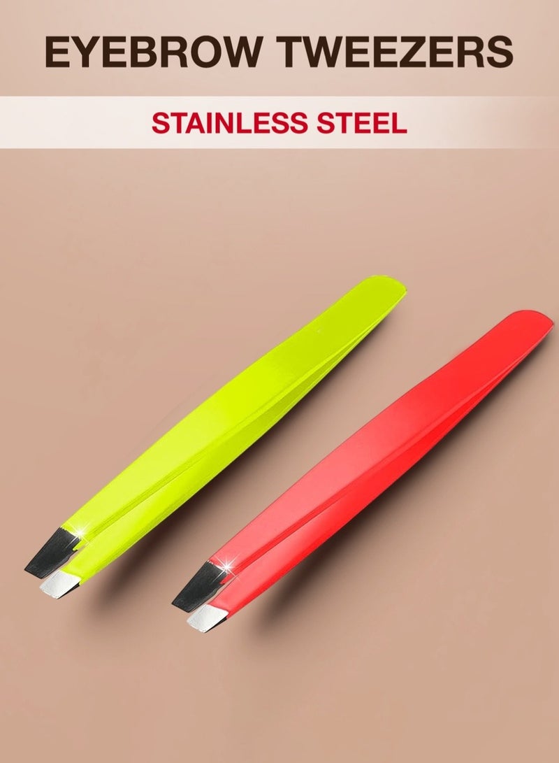 مختبر RCler. ملقط حواجب احترافي من Flario، ملاقط للرجال والنساء والأطفال، بطرف مائل لانتزاع الشعر الناشئ بسهولة، مصنوع من الفولاذ المقاوم للصدأ (زهري + أصفر) - Image 1