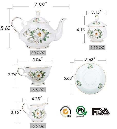 CHENP.HMC Porcelain Tea Set Tea Cup Set 22-Piece Porcelain Ceramic Coffee Tea Gift Sets Cups Saucer Service for 6 Teapot Sugar Bowl Creamer Pitcher and Teaspoons tea pot sets(Camellia) - Image 4