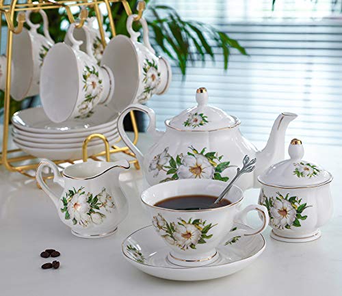 CHENP.HMC Porcelain Tea Set Tea Cup Set 22-Piece Porcelain Ceramic Coffee Tea Gift Sets Cups Saucer Service for 6 Teapot Sugar Bowl Creamer Pitcher and Teaspoons tea pot sets(Camellia) - Image 2