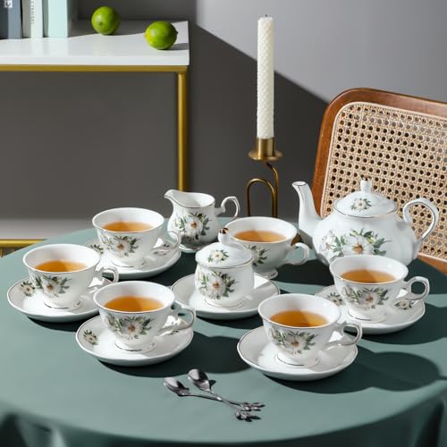 CHENP.HMC Porcelain Tea Set Tea Cup Set 22-Piece Porcelain Ceramic Coffee Tea Gift Sets Cups Saucer Service for 6 Teapot Sugar Bowl Creamer Pitcher and Teaspoons tea pot sets(Camellia) - Image 3