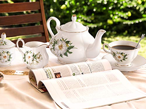 CHENP.HMC Porcelain Tea Set Tea Cup Set 22-Piece Porcelain Ceramic Coffee Tea Gift Sets Cups Saucer Service for 6 Teapot Sugar Bowl Creamer Pitcher and Teaspoons tea pot sets(Camellia) - Image 5