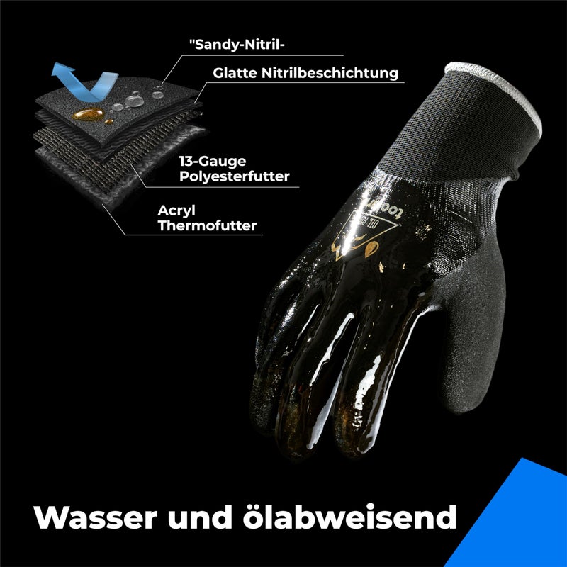toolant Waterproof Gloves for Men and Women, Freezer Gloves with Grip, Double Nitrile Dipped for Extreme Oil Repellent, for Construction, Mechanics, Mining, Plumbing, Black, Large - Image 3