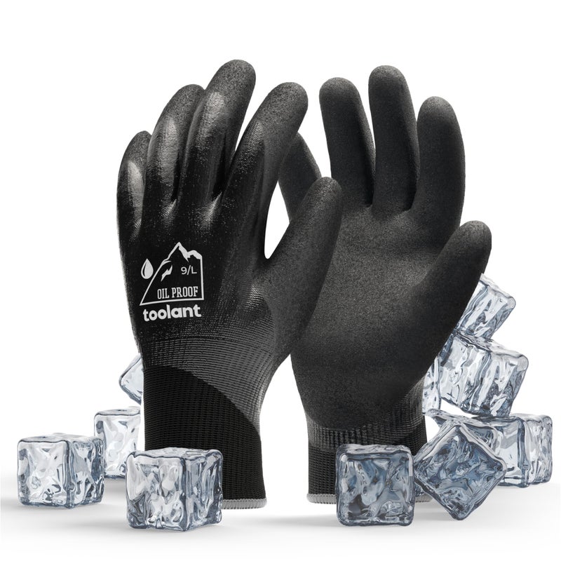 toolant Waterproof Gloves for Men and Women, Freezer Gloves with Grip, Double Nitrile Dipped for Extreme Oil Repellent, for Construction, Mechanics, Mining, Plumbing, Black, Large - Image 1
