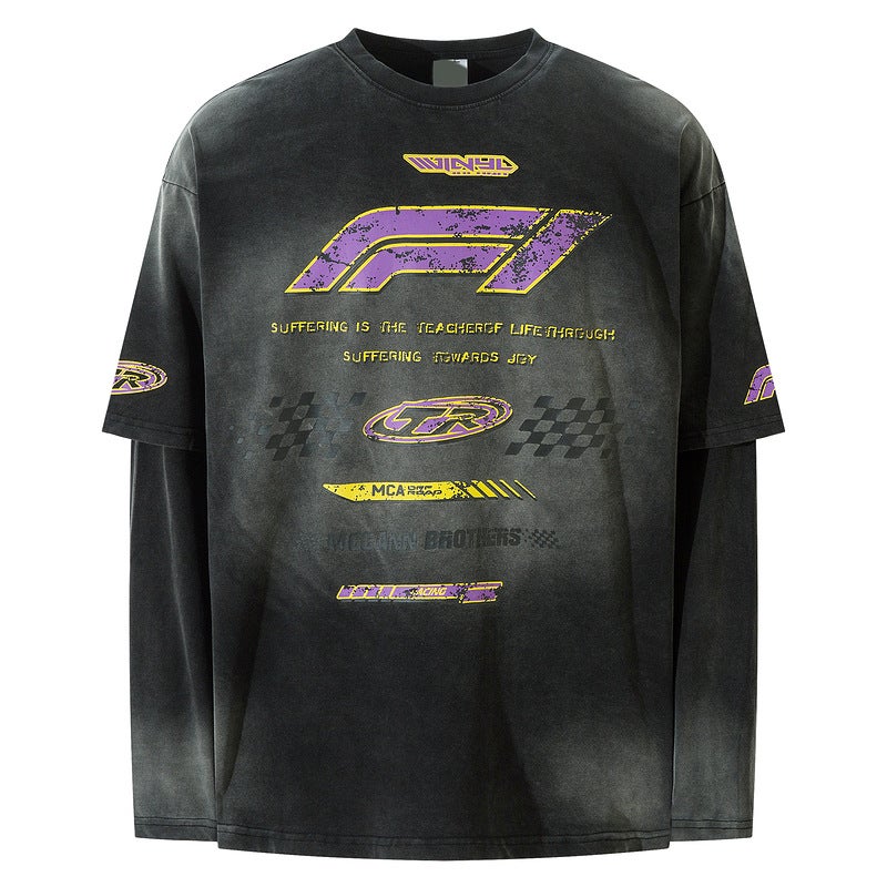Original American Retro Heavy Industry Washed Old Niche Design Fake Two-Piece Racing Style Long Sleeve T-Shirt Base Shirt - Image 3