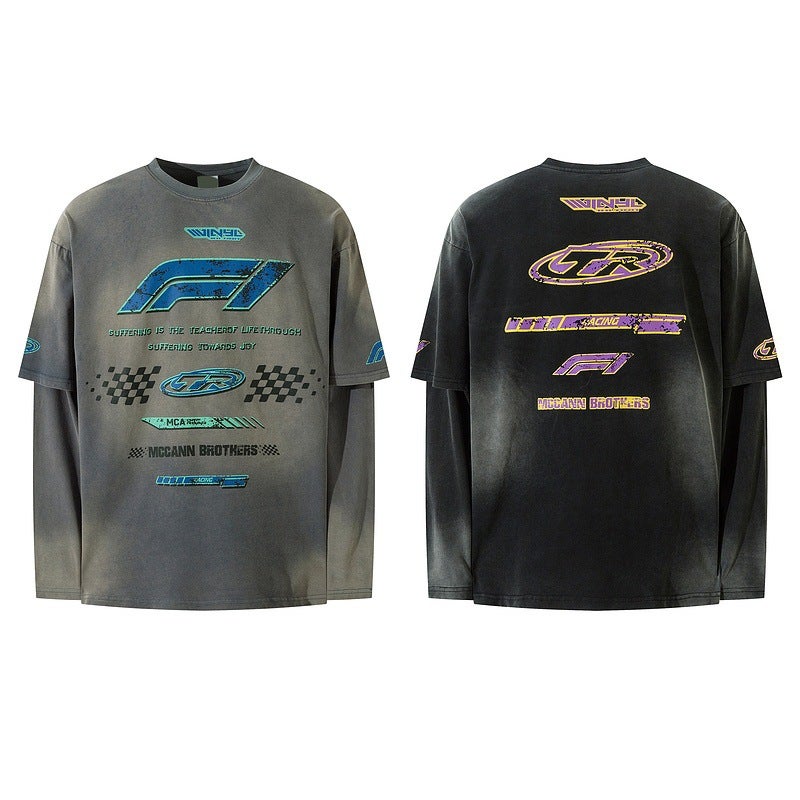 Original American Retro Heavy Industry Washed Old Niche Design Fake Two-Piece Racing Style Long Sleeve T-Shirt Base Shirt - Image 4