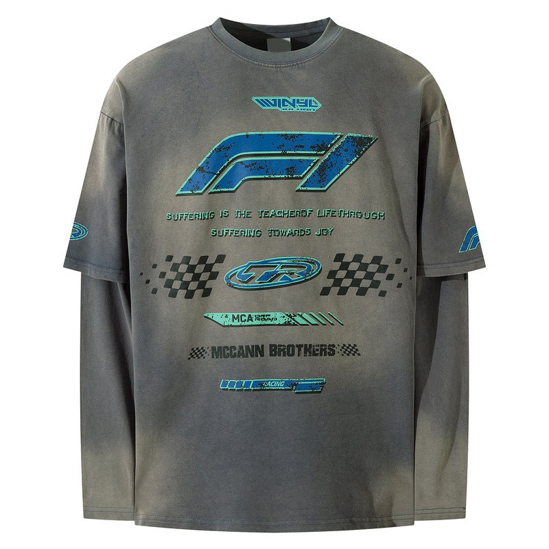 Original American Retro Heavy Industry Washed Old Niche Design Fake Two-Piece Racing Style Long Sleeve T-Shirt Base Shirt - Image 2