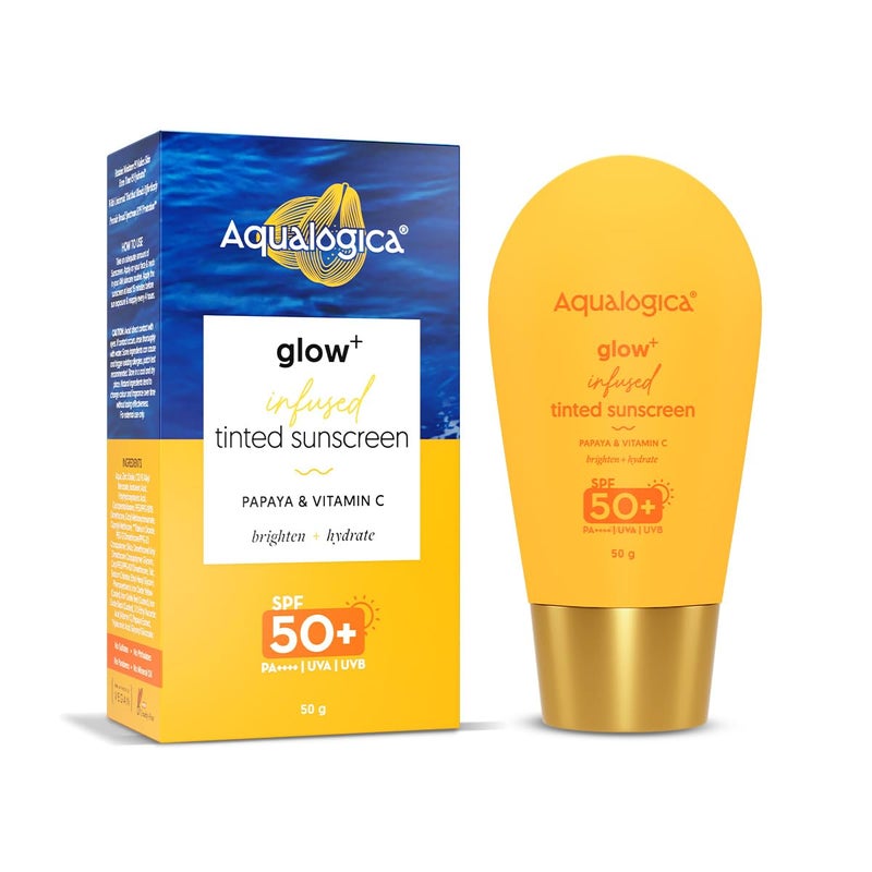 Aqualogica واقي شمس ملون معزز بالتألق من أكوالوجيكا لجميع أنواع البشرة SPF 50 PA مع البابايا وفيتامين C حماية من أشعة UVA و UVB لون عالمي لبشرة متألقة وآمنة من الشمس 50 جرام عبوة واحدة - Image 1