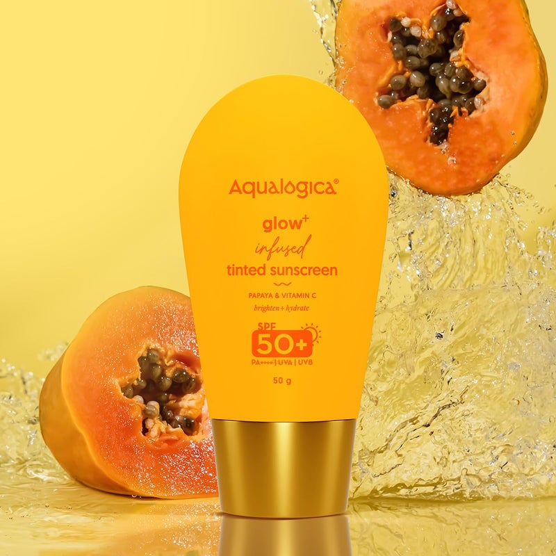 Aqualogica واقي شمس ملون معزز بالتألق من أكوالوجيكا لجميع أنواع البشرة SPF 50 PA مع البابايا وفيتامين C حماية من أشعة UVA و UVB لون عالمي لبشرة متألقة وآمنة من الشمس 50 جرام عبوة واحدة - Image 2