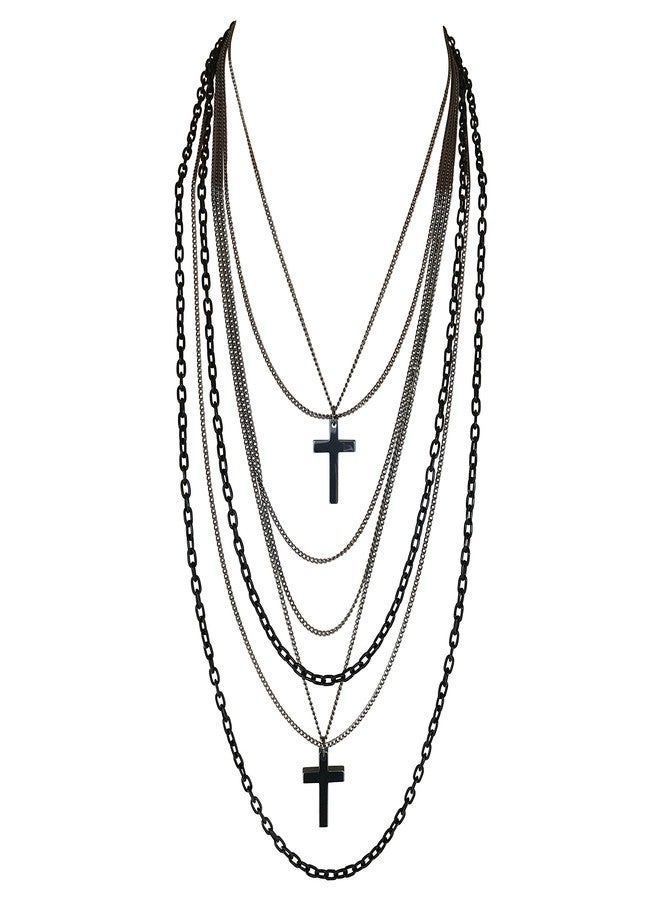 DragonWeave Jewelry Deluxe Gothic 80s Madonna Retro Multilayer Gunmetal Crosses Long Multi Strand Black Chain Necklace - Image 1