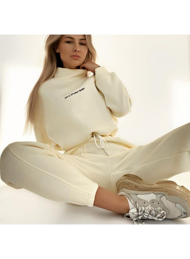 NIBEMINENT Sweatshirt pant Women Letter Print Two Piece Set Casual Loose Suit High Waist Trousers Turtleneck Autumn Sweatpants Suits - Image 2