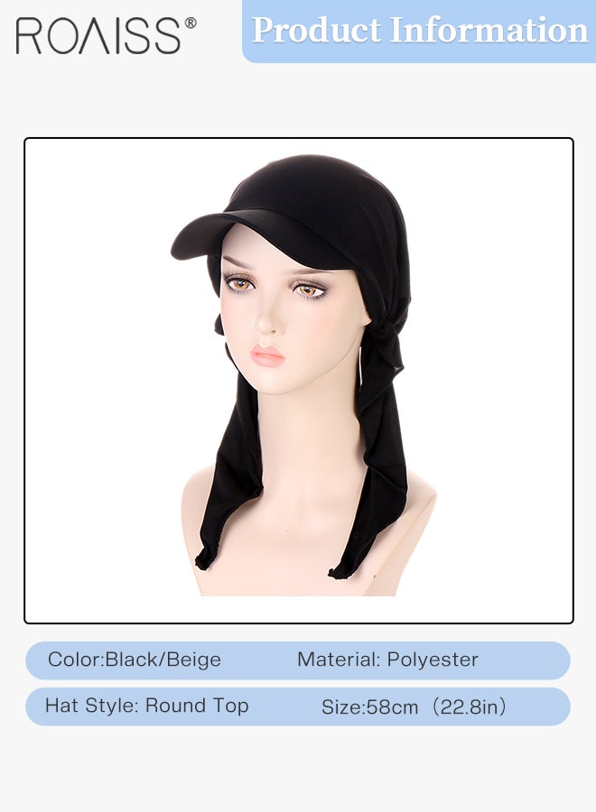 roaiss 2 Pcs Brim Head Scarf Wrap Sun Visor Hat Women Bonnet Muslim Turban Baseball Cap Curved Hat Hair Loss Headwear Black and Beige  - Image 3