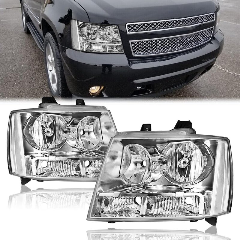 مجموعة مصابيح أمامية مزدوجة لسيارة شيفروليه تاهو 2007-2014، سوبربان 2007-2014، أفالانش 2007-2013، استبدال مصابيح الرأس الجانبية للسائق والراكب، هيكل كروم شفاف