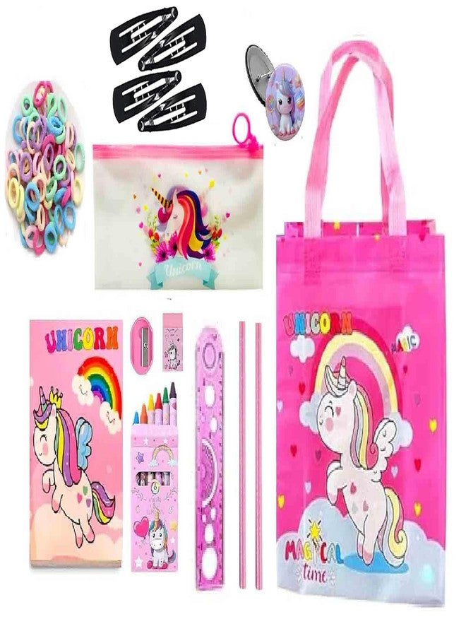 Krisus 12pcs unicorn theme stationeries for girls unicorn pencil pouch diary, pencil, paper soap, hair clips, rubber band, scale eraser rakhi gift navratri gfit for girls unicorns party favors in bulk - Image 1