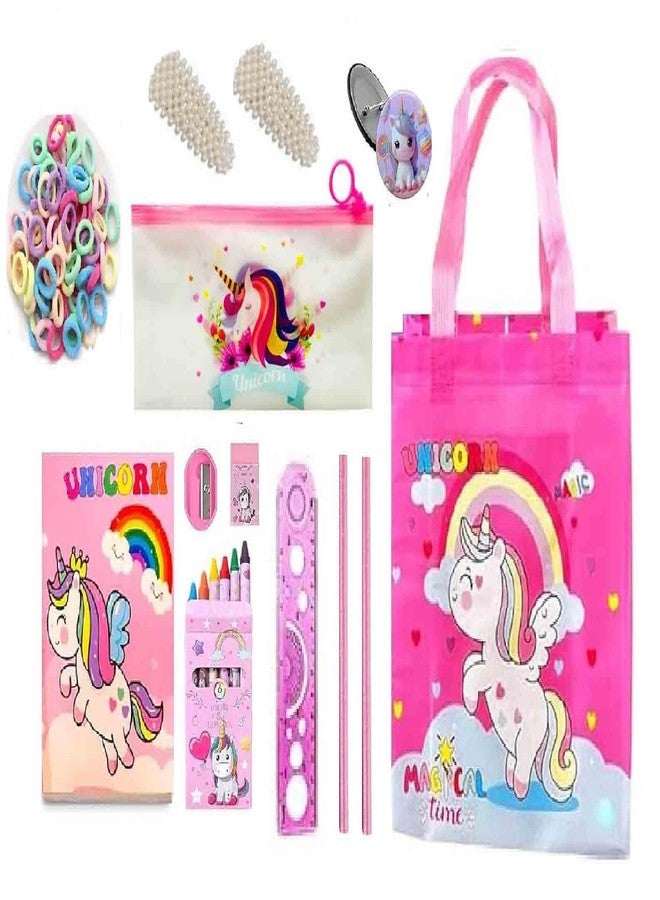 Krisus 12pcs unicorn theme stationeries for girls unicorn pencil pouch diary, pencil, paper soap, hair clips, rubber band, scale eraser rakhi gift navratri gfit for girls unicorns party favors in bulk - Image 2