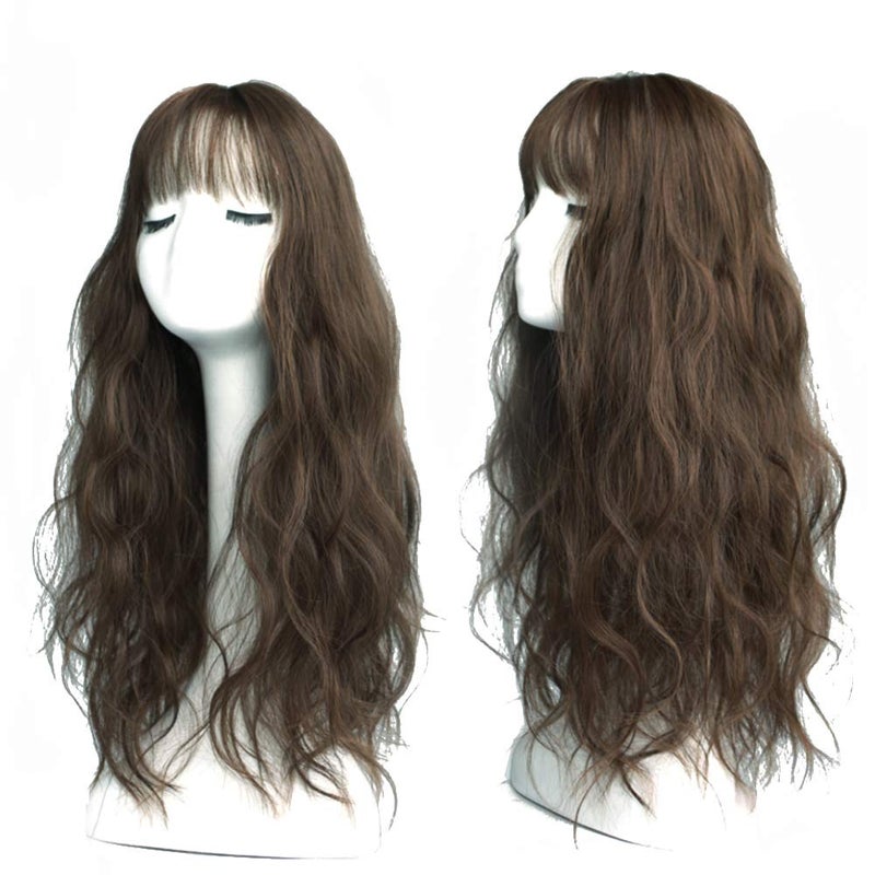 Water Wavy Hair Forehead Piece Clip in Middle Part Topper with Choppy Fringe Thick45cm Dark Brown