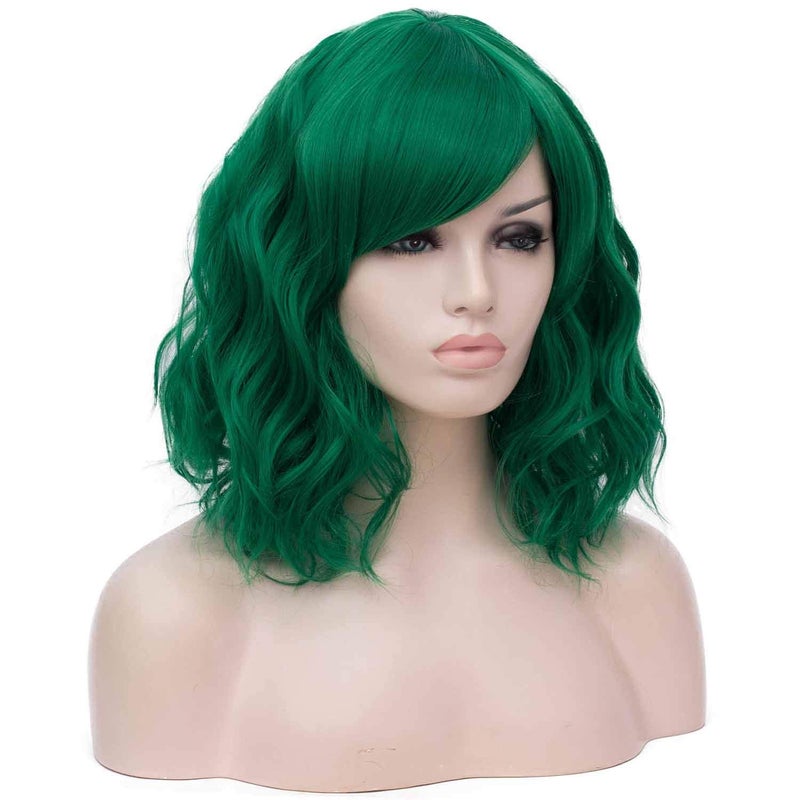 Mildiso Dark Green Wigs for Women Short Curly Wavy Bob Wig with Bangs Cute Synthetic Wig for Daily Party M073 - Image 4