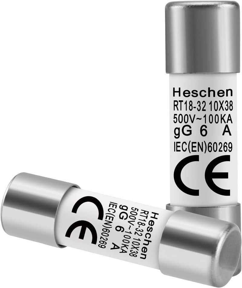 Heschen Cylindrical Ceramic Tube Fuse Link, RT18-32 (RO15), 10×38 mm, 6A 500V, CE, Pack of 20 - Image 1