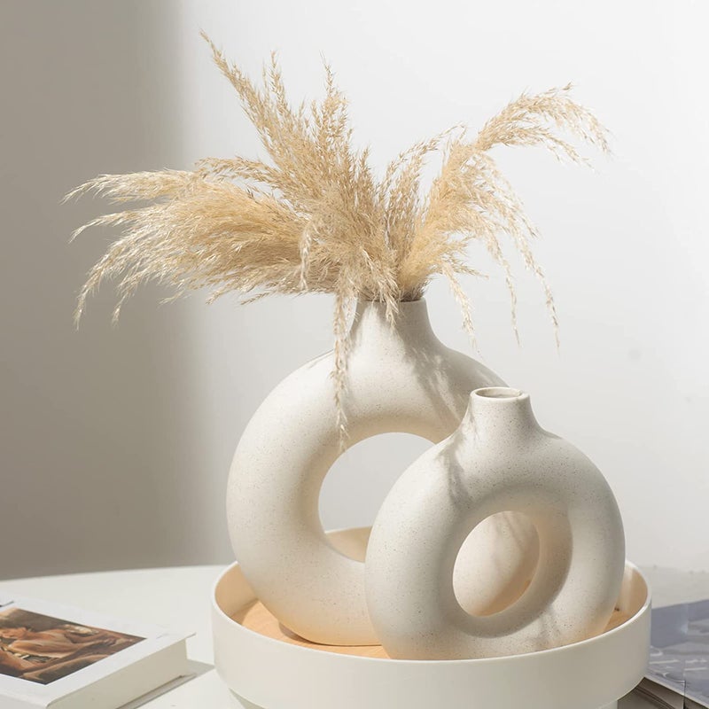 QLOFEI White Ceramic Vases- 2 for Modern Home Decor, Round Matte Boho Vase for Decor, Ceramic Minimalist Nordic Style for Wedding Dinner Table Living Room Office - Image 5