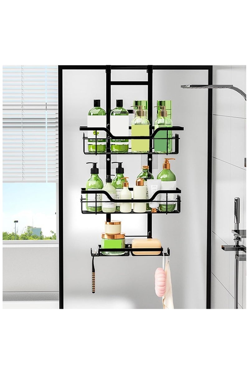 Beauenty Over the Door Shower Caddy, Stainless Steel Hanging Organizer, 3-Tier Adhesive Shower Organizer with 4 Fixed Hooks & 2 Soap Holders,Waterproof Carbon Steel Shower Shelves, Black - Image 1