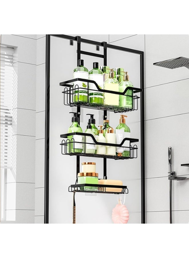 Beauenty Over the Door Shower Caddy, Stainless Steel Hanging Organizer, 3-Tier Adhesive Shower Organizer with 4 Fixed Hooks & 2 Soap Holders,Waterproof Carbon Steel Shower Shelves, Black - Image 4