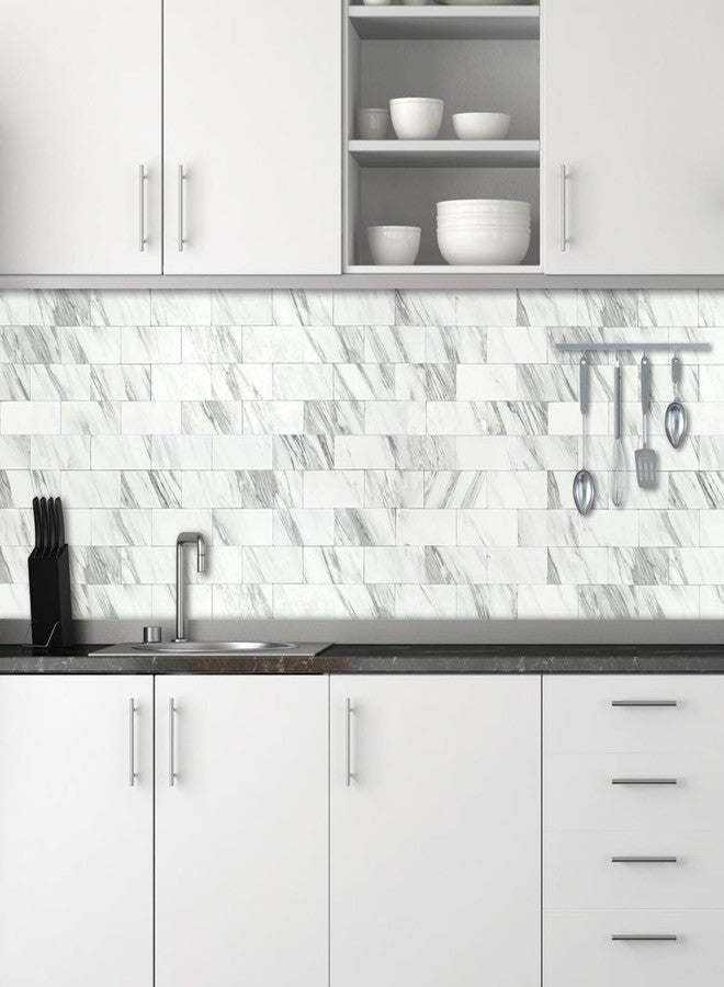 AULIGET 100-Piece White Marble Look Peel and Stick Backsplash Wall Tiles, 3" x 6" PVC Faux Stone Stick on Tile for Backsplash Kitchen, Bathroom, Laundry Room, Camper, Fireplace - Image 2
