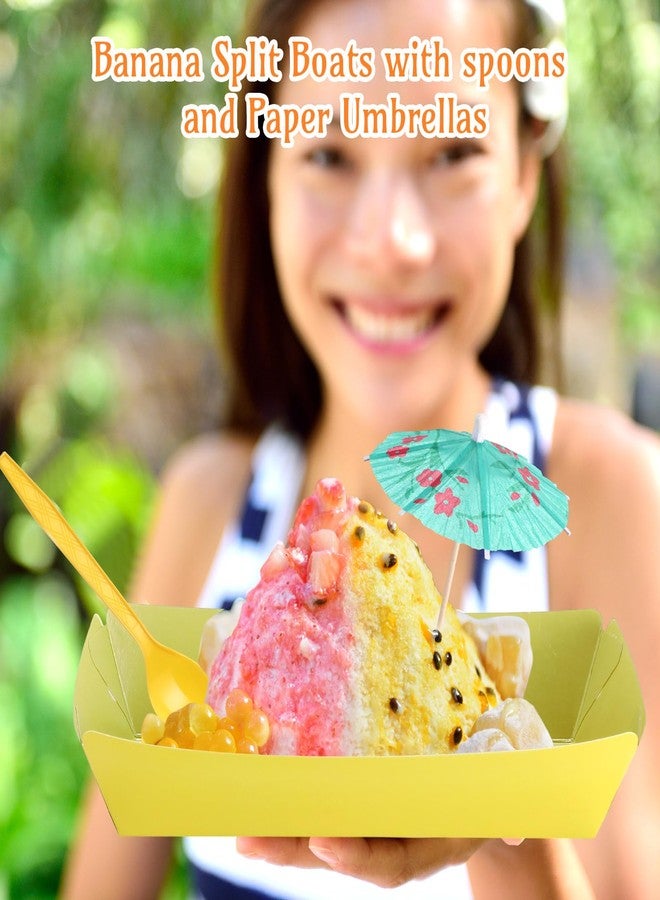 FoldTier 60 Set Colorful Food Trays Boat Paper Disposable Banana Split Boats with Umbrellas 8 oz Bowls for Birthday Summer Party Supplies Dessert(Colorful) - Image 2