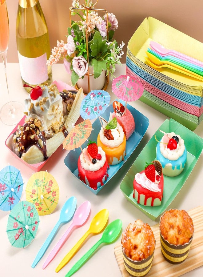 FoldTier 60 Set Colorful Food Trays Boat Paper Disposable Banana Split Boats with Umbrellas 8 oz Bowls for Birthday Summer Party Supplies Dessert(Colorful) - Image 4