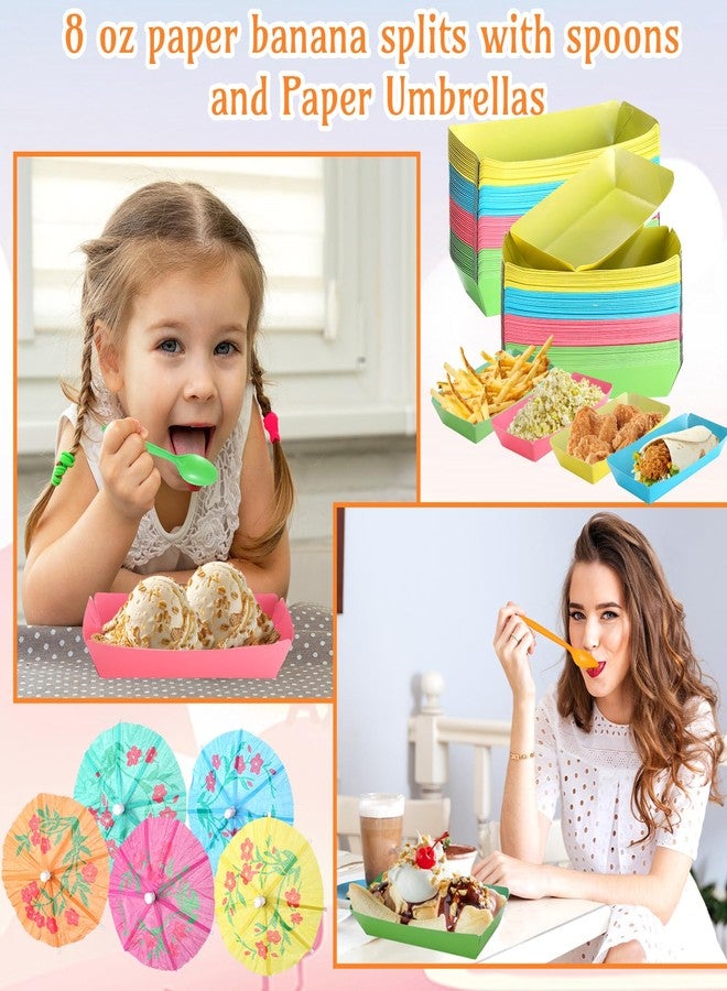 FoldTier 60 Set Colorful Food Trays Boat Paper Disposable Banana Split Boats with Umbrellas 8 oz Bowls for Birthday Summer Party Supplies Dessert(Colorful) - Image 5