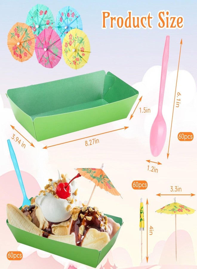 FoldTier 60 Set Colorful Food Trays Boat Paper Disposable Banana Split Boats with Umbrellas 8 oz Bowls for Birthday Summer Party Supplies Dessert(Colorful) - Image 3