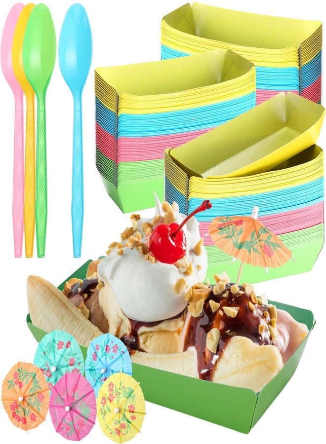 FoldTier 60 Set Colorful Food Trays Boat Paper Disposable Banana Split Boats with Umbrellas 8 oz Bowls for Birthday Summer Party Supplies Dessert(Colorful) - Image 1