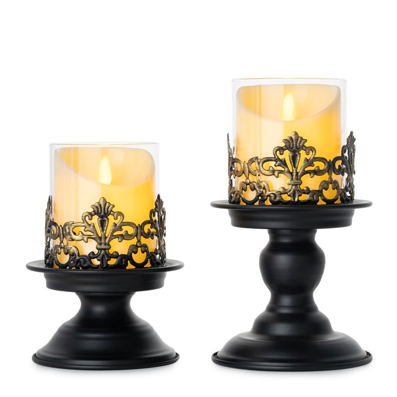 Woparty Vintage Gothic Glass Hurricane Candle Holders, Black Metal Base with Gold Accents, Clear Glass Sleeve, 4.3x4 Inch, Set of 2, for Pillar Candles - Image 2