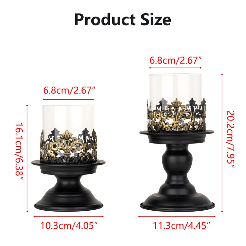Woparty Vintage Gothic Glass Hurricane Candle Holders, Black Metal Base with Gold Accents, Clear Glass Sleeve, 4.3x4 Inch, Set of 2, for Pillar Candles - Image 3