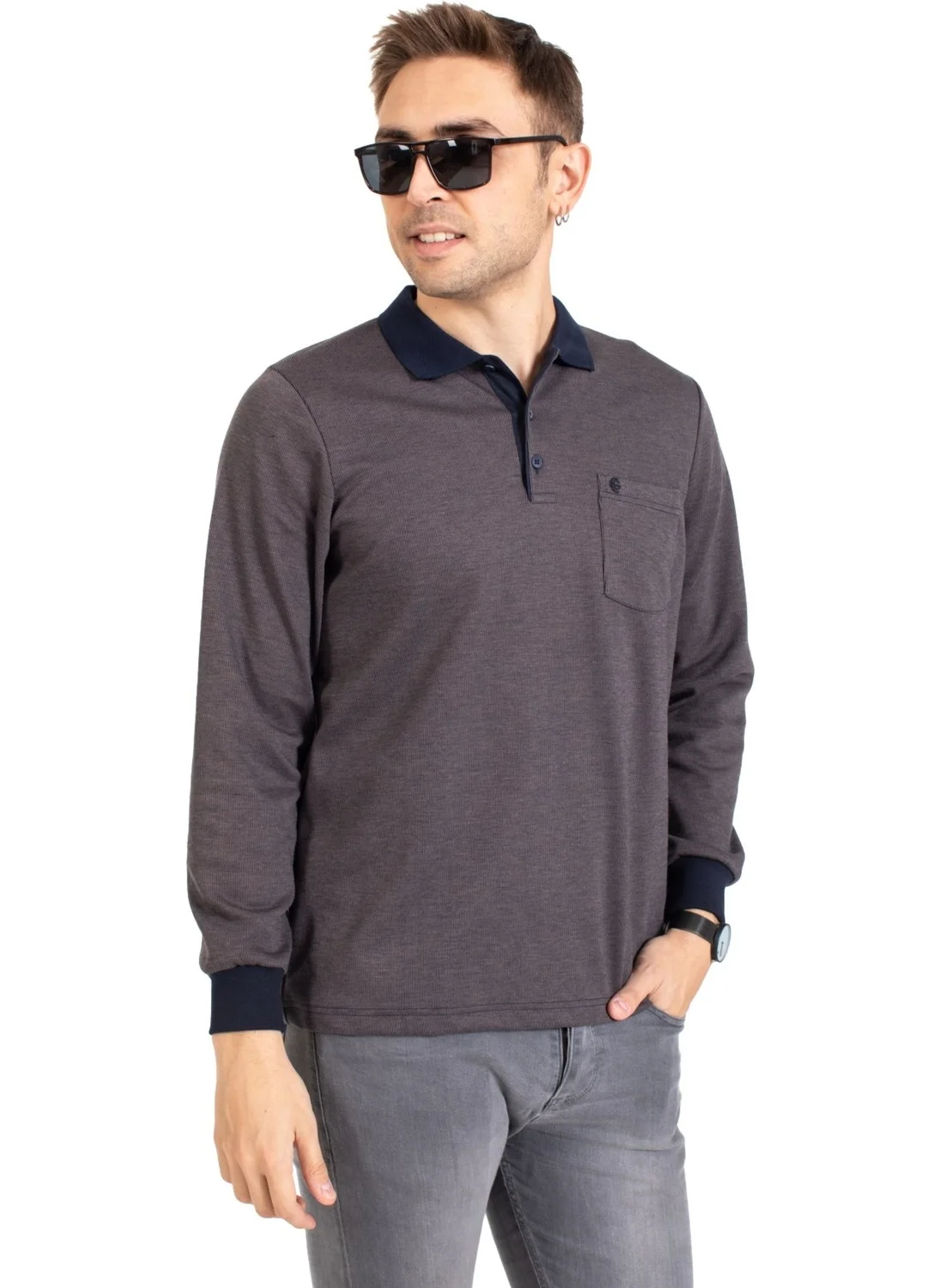 Mutlu City Men's Middle Age and Above Polo Collar Pocket Long Sleeved Corduroy Seasonal Sweatshirt 1219-Coffee Color
