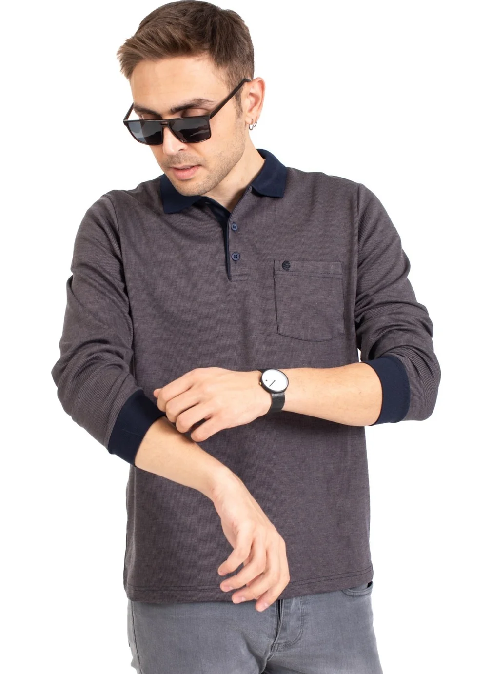 Mutlu City Men's Middle Age and Above Polo Collar Pocket Long Sleeved Corduroy Seasonal Sweatshirt 1219-Coffee Color