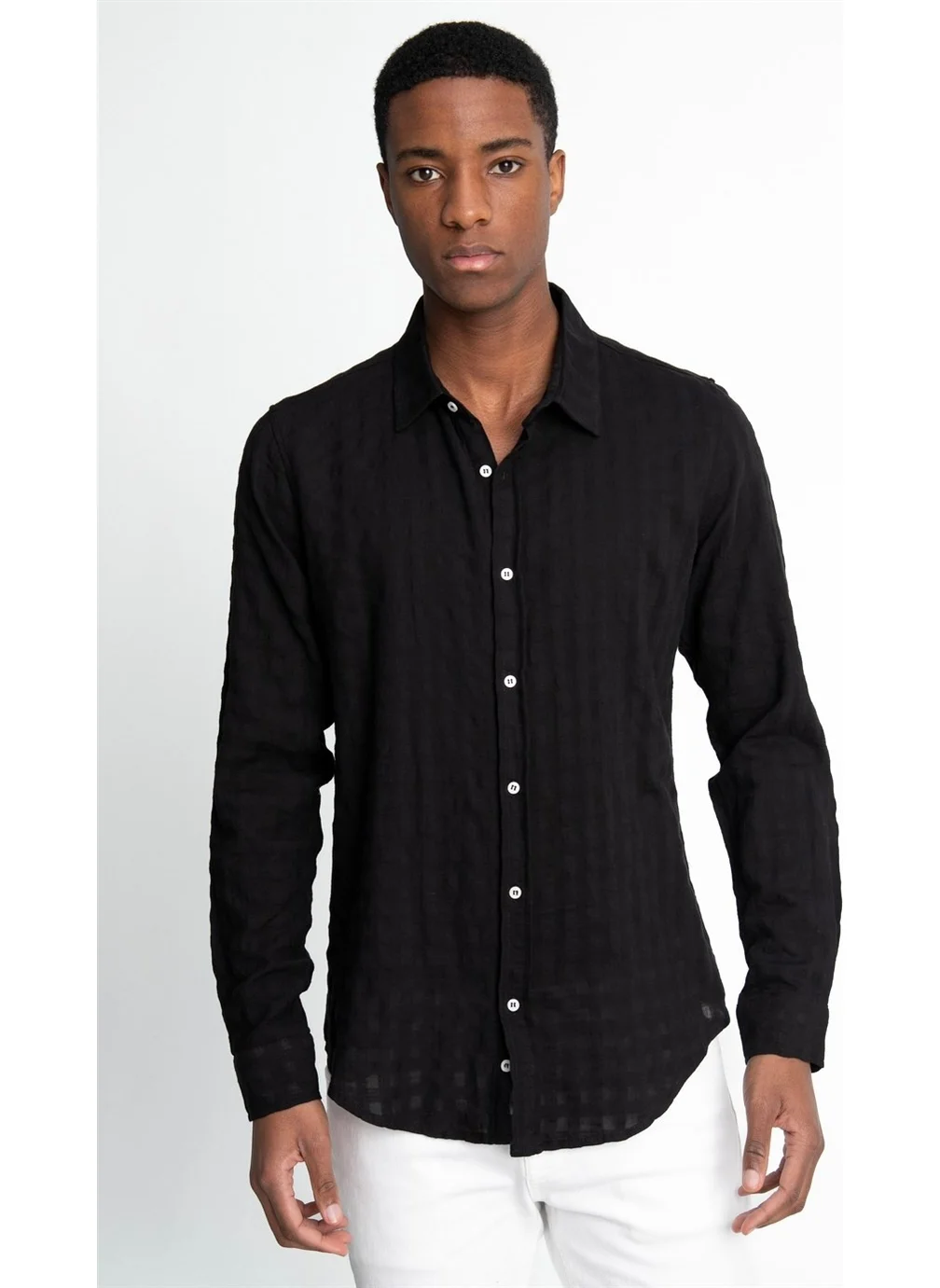 Tudors Slim Fit Long Sleeve Cotton Self-Patterned Piping Plain Men's Shirt
