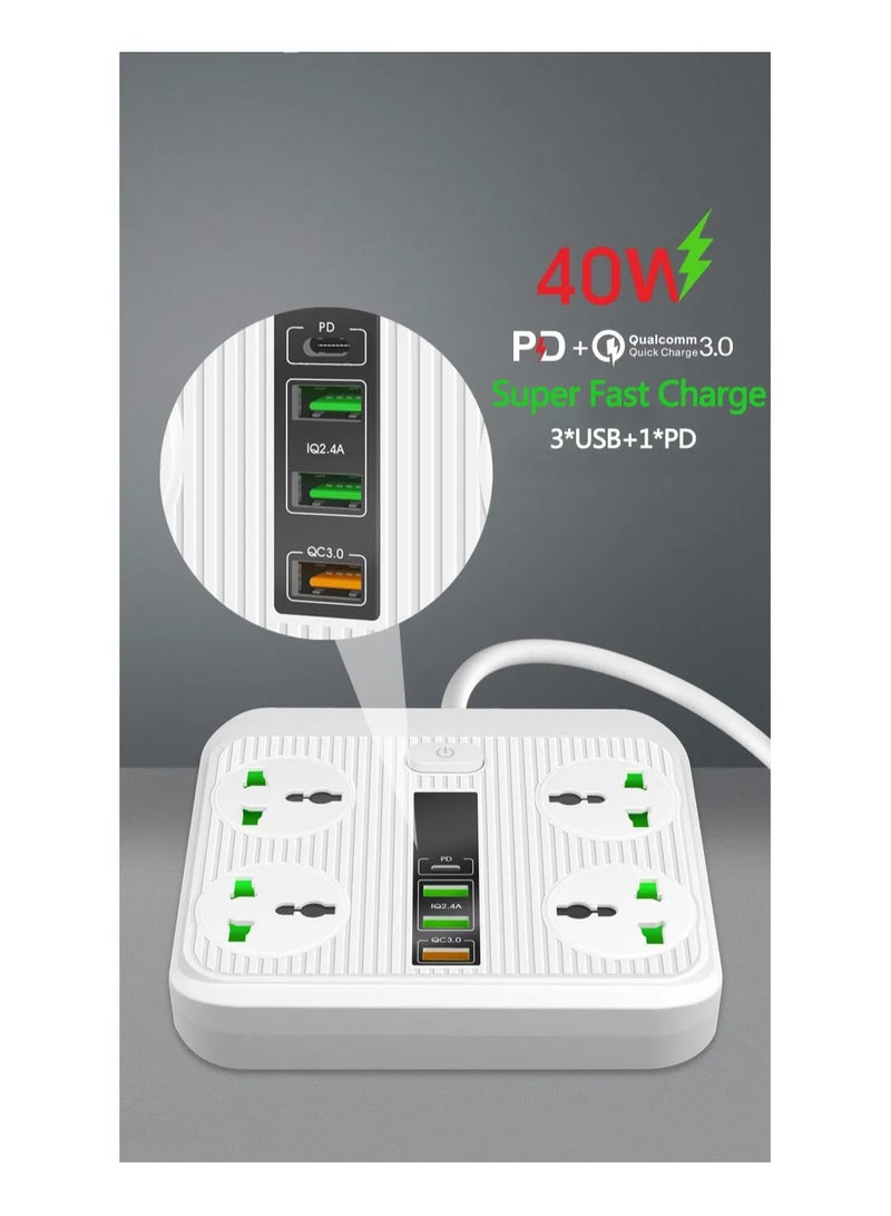 أيرلدوم نوع C PD ذكي عالمي مقبس كهرباء 40 واط، 3 منافذ شاحن USB، تمديد 2 متر لغرفة المعيشة وغرفة النوم - Image 1