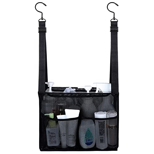 GUMQDD 4 Storage Pockets Adjustable Hanging Mesh Bathroom Bag, Shower Caddy College with Hooks, Applied to College Dorm Rooms, Gym, Swimming and RV Travel (Black) - Image 1