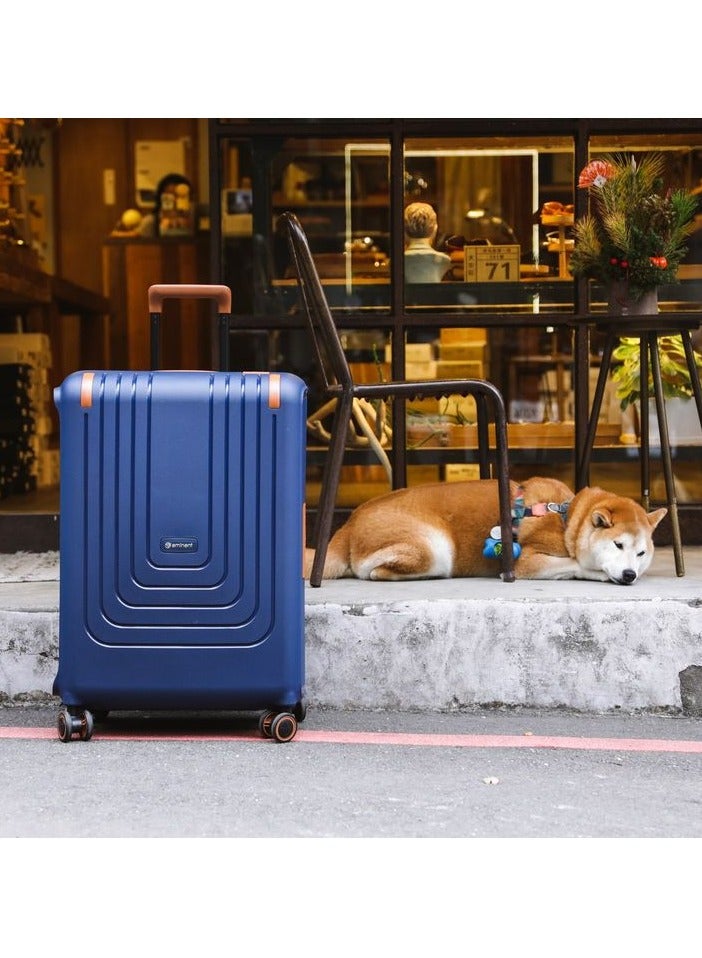 إيمينينت حقيبة سفر صلبة كبيرة بعجلات دوارة مزدوجة وقفل  بلون أزرق داكن مع حواف بنية - Image 2