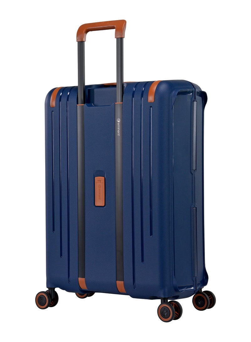 إيمينينت حقيبة سفر صلبة كبيرة بعجلات دوارة مزدوجة وقفل  بلون أزرق داكن مع حواف بنية - Image 3