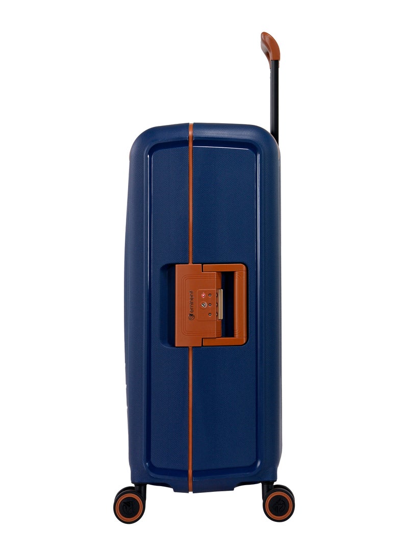 إيمينينت حقيبة سفر صلبة كبيرة بعجلات دوارة مزدوجة وقفل  بلون أزرق داكن مع حواف بنية - Image 5