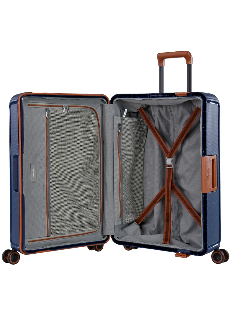 eminent Vertica Hard Case Travel Bag Large Luggage Trolley Polypropylene Lightweight Suitcase 4 Quiet Double Spinner Wheels With TSA Lock B0006 Dark Blue Brown Trim