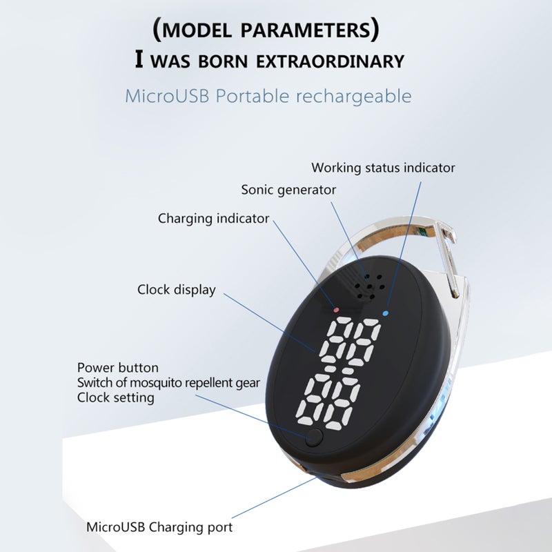 Acoustic Mosquito Repeller Three Gears USB Rechargeable Hook Type Indoor Outdoor Portable Physics Mosquito Repellent with Clock Display - Image 5
