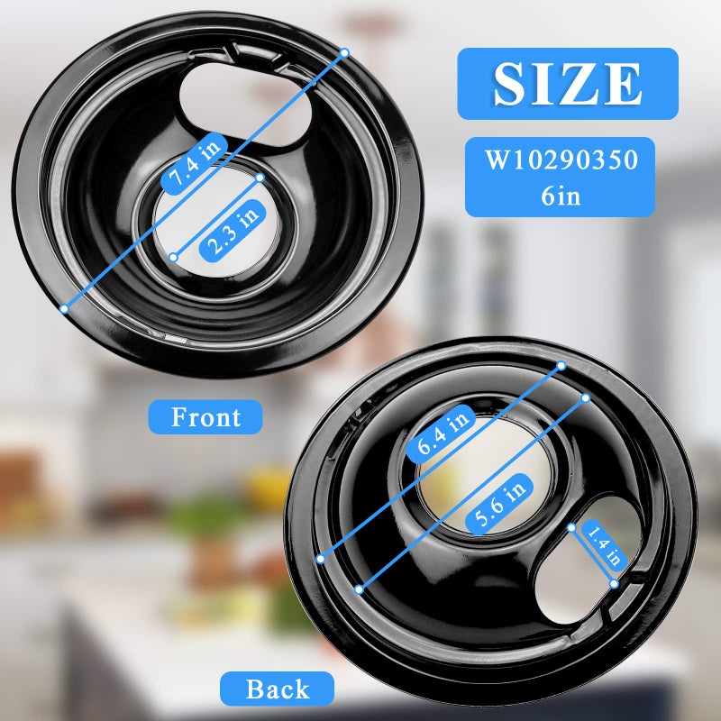 APPLIANCEMATES Black Stove Burner Drip Pans Replacement for Whirlpool Amana Crosley Electric Range, Stove Top Drip Bowls Includes 1 Large 8-Inch W10290353 and 3 Small 6-Inch W10290350 by APPLIANCEMATES - Image 2
