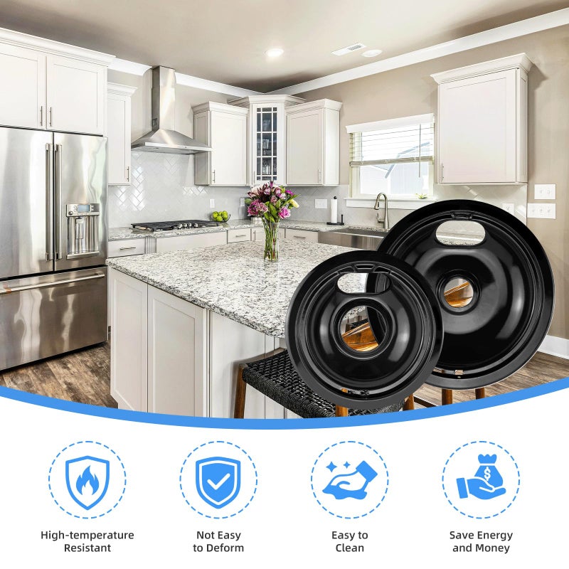 APPLIANCEMATES Black Stove Burner Drip Pans Replacement for Whirlpool Amana Crosley Electric Range, Stove Top Drip Bowls Includes 1 Large 8-Inch W10290353 and 3 Small 6-Inch W10290350 by APPLIANCEMATES - Image 5