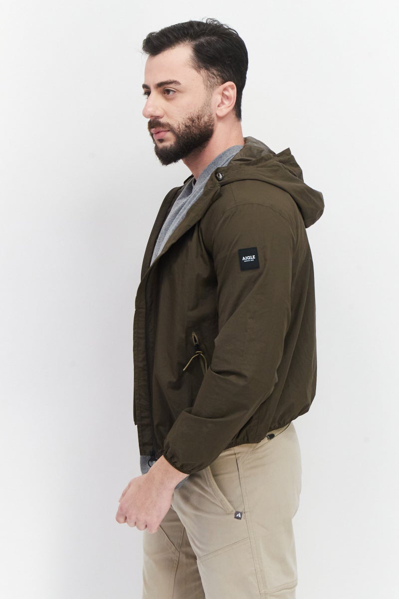 Aigle Men Brand Logo Hood With Drawstrings Windbreaker Jacket, Dark Olive - Image 3