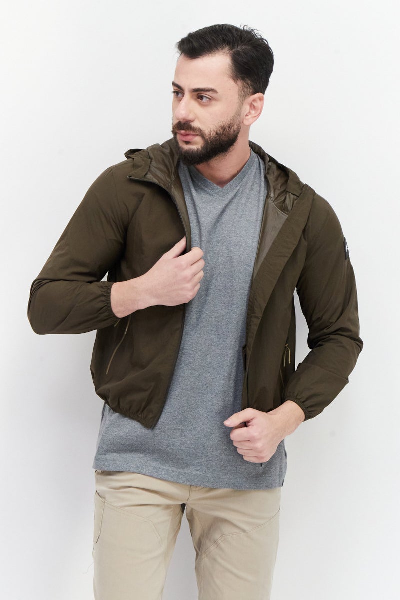 Aigle Men Brand Logo Hood With Drawstrings Windbreaker Jacket, Dark Olive - Image 1