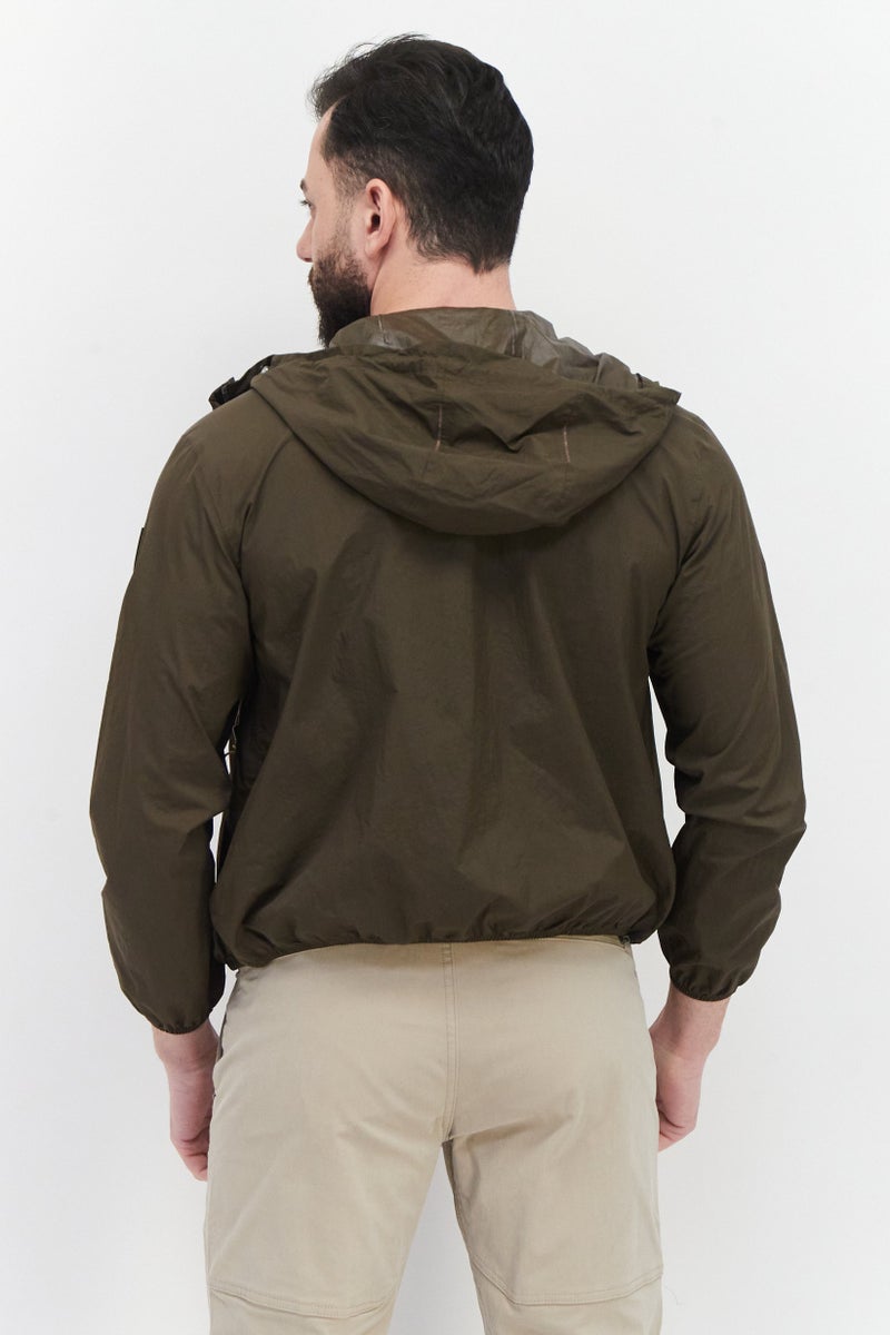 Aigle Men Brand Logo Hood With Drawstrings Windbreaker Jacket, Dark Olive - Image 2
