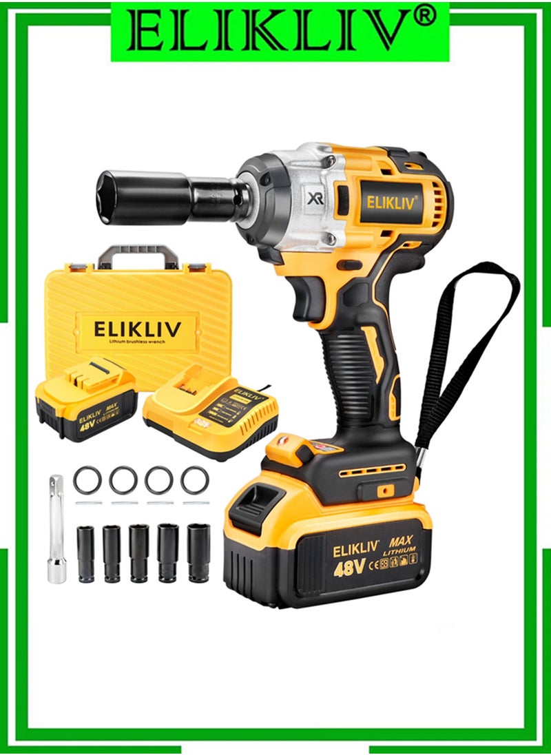 ELIKLIV - Cordless Impact Wrench,48V 300N.m Brushless Impact Gun with 4.0Ah Battery, Charger  6 Sockets,Electric Impact Wrench for Car Home - Image 1